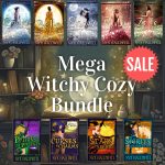 Graphic showing the sister witches of story Cove and the sister witches of Raven Falls covers for a mega witch cozy mystery book bundle by Nyx Halliwell