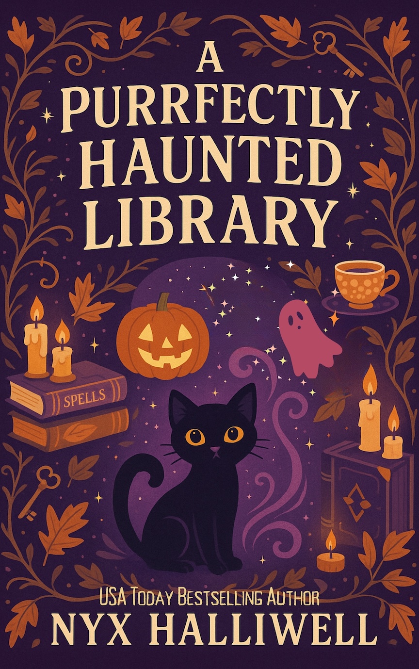 cover for the Purrfectly Haunted Library by Nyx Halliwell showing a black cat surrounded by books, pumpkins, ghosts, and candles